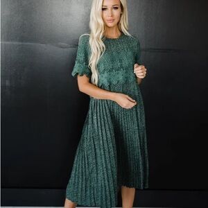 Green Pleated Lace Dress